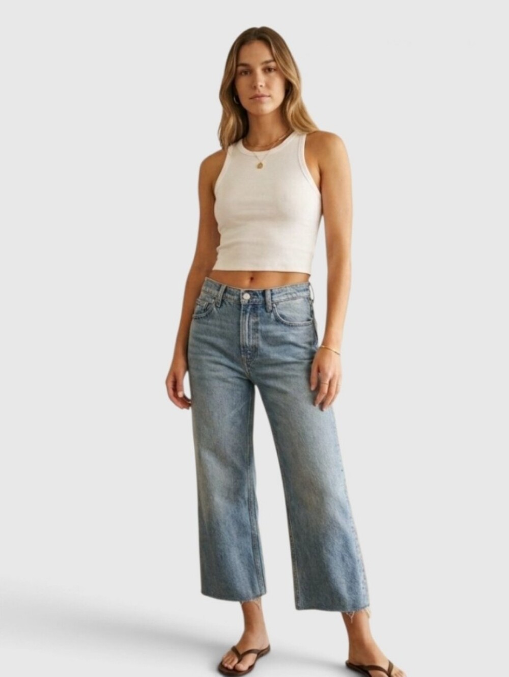 Reformation Jeans 25 High Waist Wide Leg Raw Hem Cropped Sydney Wash Button Fly
